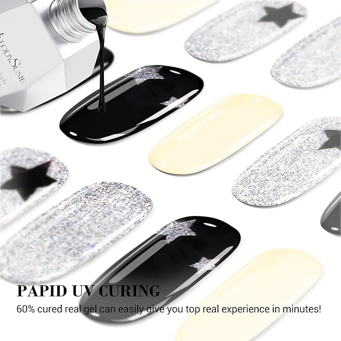 MelodySusie 20 PCS Semi Cured Gel Nail Strips UV Light Required, Durable and Salon Quality (Black and White)