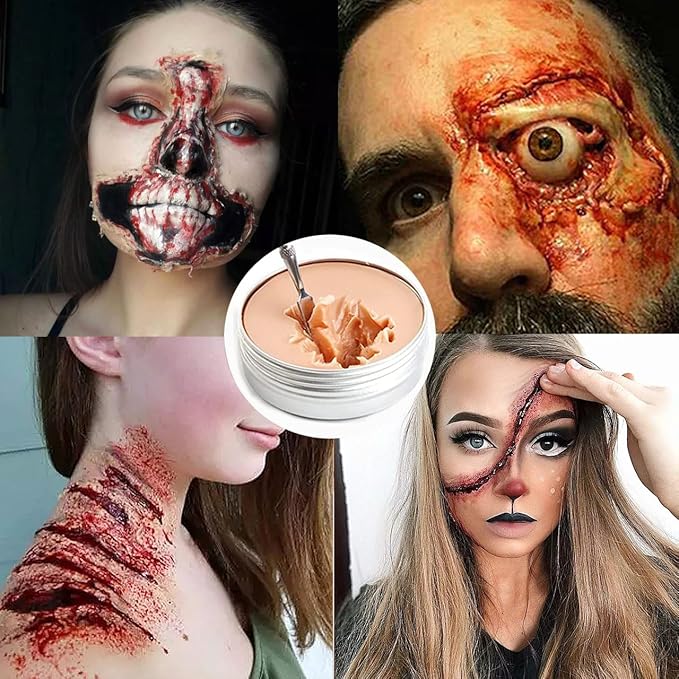 Liquid Latex Scar Wax SFX Makeup Kit with 6 Color Bruise Wheel Face Body Paint Palette+Fake Blood Splatter Spray+Squirt Blood+Coagulated Blood Gel+Spatula Sponges for Fake Scars Wounds Burns