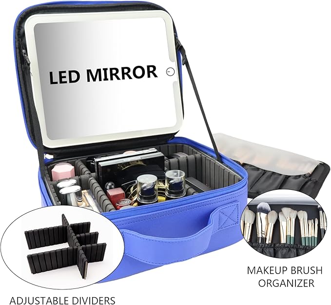 Travel Makeup Bag with LED Mirror Travel Makeup Organizer with 3 Lighted Settings, Adjustable Dividers and Makeup Brush Storage Bag Dark Blue