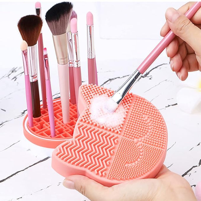 Silicon Makeup Brush Cleaner Mat with Portable Cat Shaped Cosmetic Brush Cleaning Pad Holder - Blue