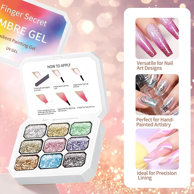 Finger Secret 4 Colors Ombre Gel Nail Polish Set Gradient Pat Painting Gel Ombre Color Palette with 20Pcs Nail Sponges for Nail Art DIY Salon or Home Use(k7)