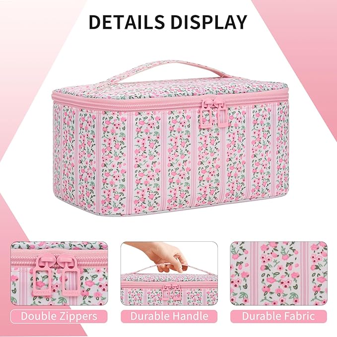 OCHEAL Makeup Bag for Women - Travel Cosmetic Organizer with Brush Slot & Divider, Large Capacity Toiletry Bag for Girls, Travel Makeup Case for everyday Make up Accessories -Pink Floral