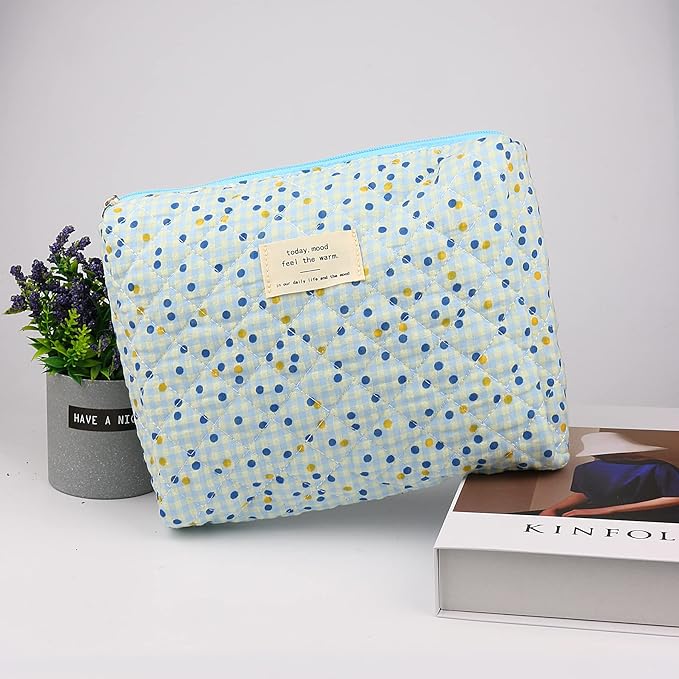 VIWIME Makeup Cosmetic Bag, Large Cotton Quilted Travel Coquette Aesthetic Cute Floral Make up Bag for Women Toiletry Bag Organizer(Blue Point/2Pcs)