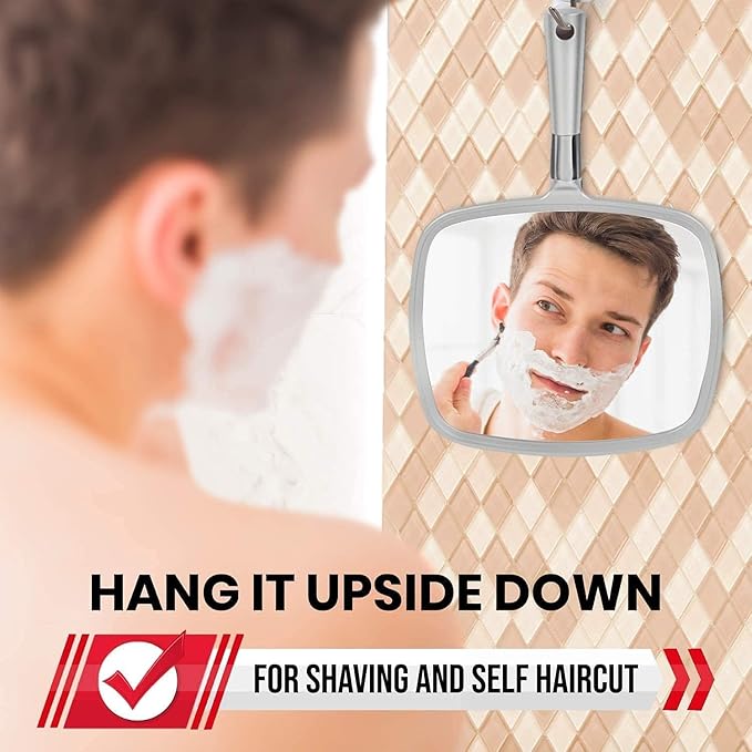 MIRRORVANA Professional Large Hand Mirror with Ergonomic Handle for Men & Women - Premium Handheld Haircut Mirrors for Barber and Salon - 9" x 13" (Elegant Silver Luxe Edition)