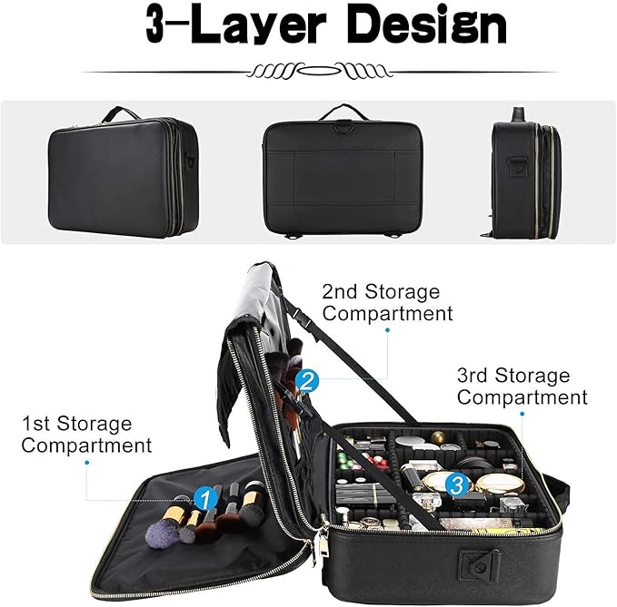 Travel Makeup Train Case, PU Leather Professional Makeup Case with Adjustable Strap Portable Cosmetic Organizer Artist Storage Bag for Toiletry Jewelry Digital Accessories (L-Black)