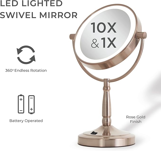 Zadro 9" Round LED Makeup Mirror with Lights and Magnification 5&10X/1X AA Battery Operated Swivel Lighted Makeup Mirror