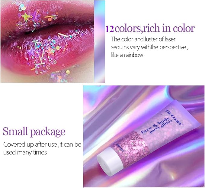 Pink Body Face Glitter Gel, Liquid Holographic Chunky Glitter Singer Concerts Music Festival Rave Accessories, Mermaid Lip Eye Nails Hair Body Glitter Makeup, 50g