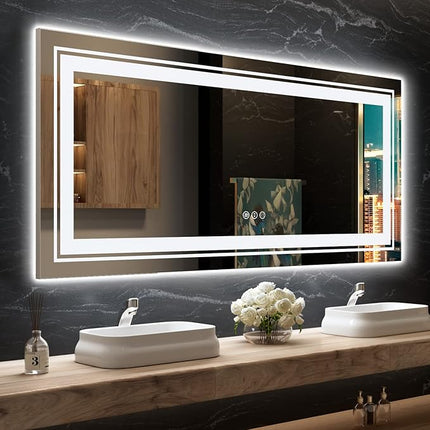 LED Bathroom Mirror, 72"X32" with Front and Backlit, Anti-Fog, Large Bathroom Vanity Mirror for Wall, Memory Function, Stepless Dimmable, Tempered Glass (Horizontal/Vertical)
