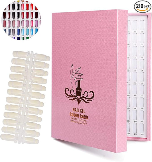 Noverlife 216 Nail Colors Chart Display, Nail Gel Polish Display Book with 216 False Nail Tips, Professional Salon Nail Color Swatches Nail Practice Card Board