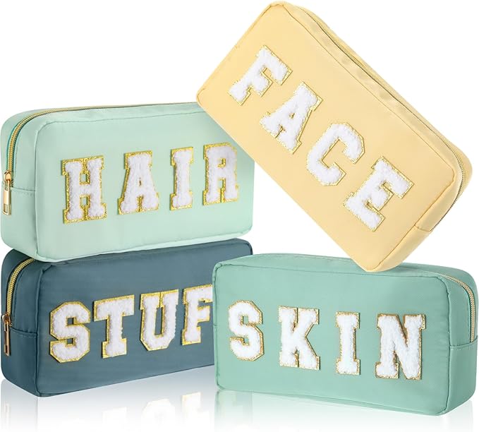 Cunno 4 Pcs Preppy Makeup Bags Chenille Letter Stuff Bag Nylon Cosmetic Pouch Cases with Zipper for Women Travel Toiletry