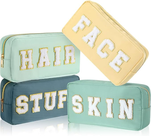 Cunno 4 Pcs Preppy Makeup Bags Chenille Letter Stuff Bag Nylon Cosmetic Pouch Cases with Zipper for Women Travel Toiletry