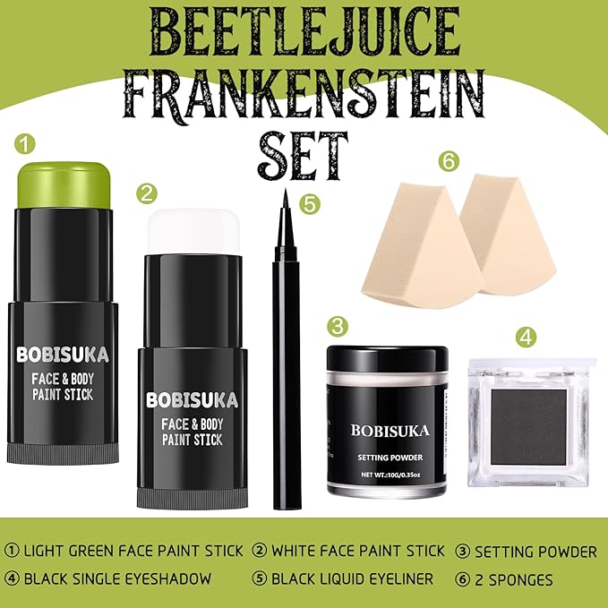 BOBISUKA Light Green & White Face Body Paint Stick Kit with Black Eyeshadow, Black Liquid Eyeliner, Setting Powder & 2 Sponges – Halloween Cosplay Makeup Set for Witch, Beetle Juice, Monster, Goblin