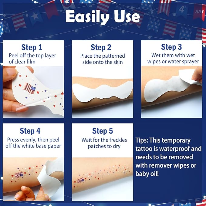 Yosca Independence Day Face Freckles Tattoo, 6Pcs Red White Blue 4th of July Temporary Tattoos for Patriotic Makeup, Waterproof Makeup Patches Fake Freckles for Memorial Day Veterans Day Flag Party