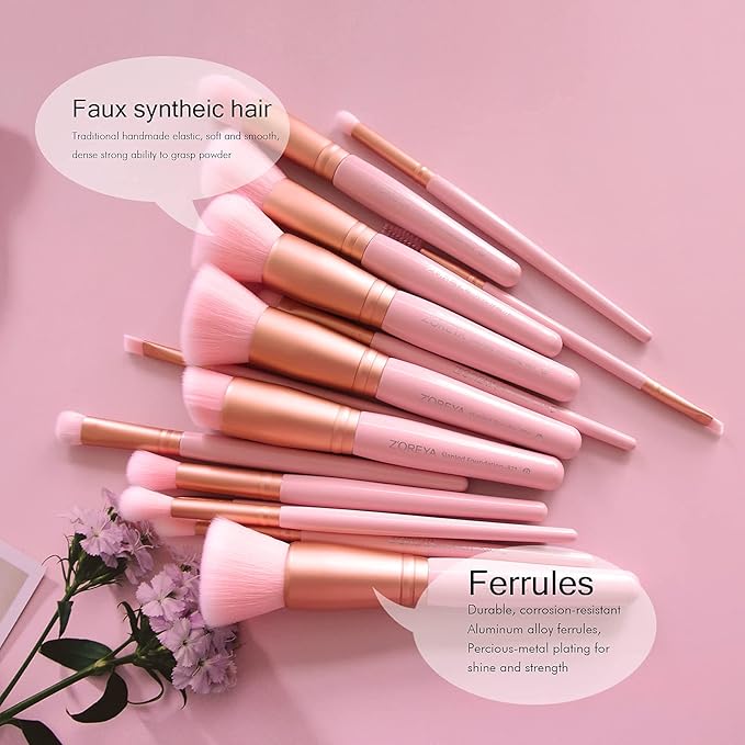 Z'OREYA Makeup Brushes 15Pcs Makeup Brush Set Premium Synthetic Kabuki Brush Cosmetics Foundation Concealers Powder Blush Blending Face Eye Shadows Brush Set (Pink)