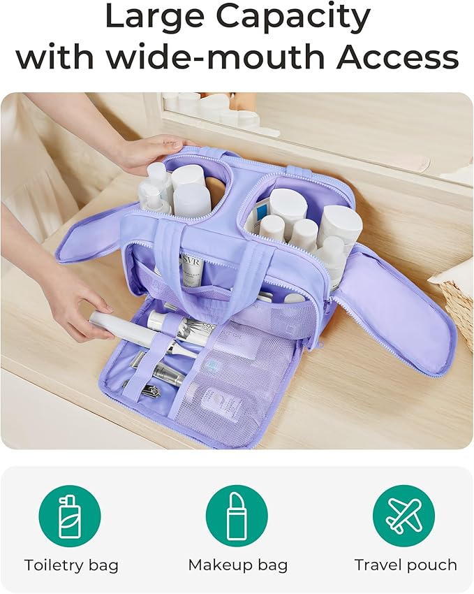 BAGSMART Travel Toiletry Bag, Lightweight Large Wide-open Travel Bag for Women, Puffy Cosmetic Makeup Bag Organizer with Handle for Accessories,Essentials, Toiletries, Purple