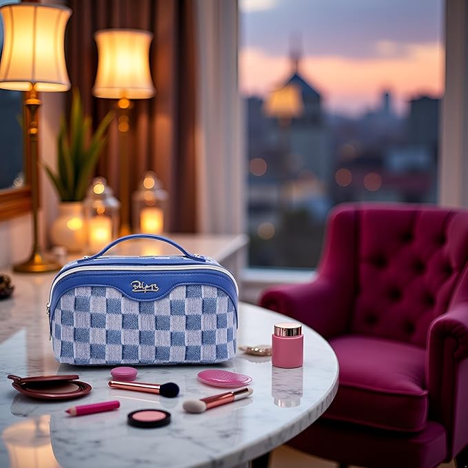 BOYATU Travel Makeup Bag for Women: Large Cosmetic Bag Set of 3 - PU Leather Make up Bag with Compartments - Compact Waterproof Toiletry Bag with Divider & Handle (C-01Blue)