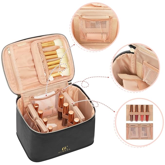 OCHEAL Travel Makeup Bag, Cosmetic Bags for Women Makeup Case Organizer Large Capacity Travel Toiletry Bag Storage Bags with Divider and Handle for Cosmetics Toiletries Brushes Tools-Large, Black