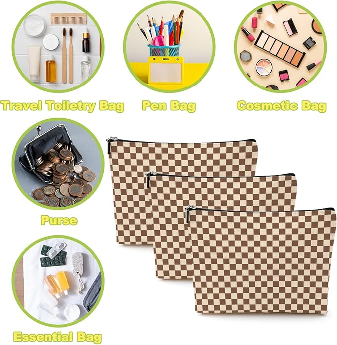 6 Pcs Checkered Makeup Bags Make up Bag Cosmetic Bags for Women Girls Sister Mom Bridesmaid Friendship Christmas Birthday Travel Toiletry Bag Aesthetic Zipper Organizer Accessories, Cute Brown Plaid