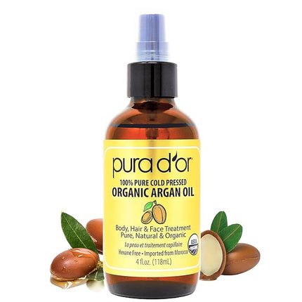 PURA D'OR 4 Oz Organic Moroccan Argan Oil – 100% Pure Cold-Pressed Virgin Grade – Lightweight Moisturizer for Skin, Face, Body & Hair – Helps Dry Skin, Scalp Care, Split Ends, Nails & Cuticles
