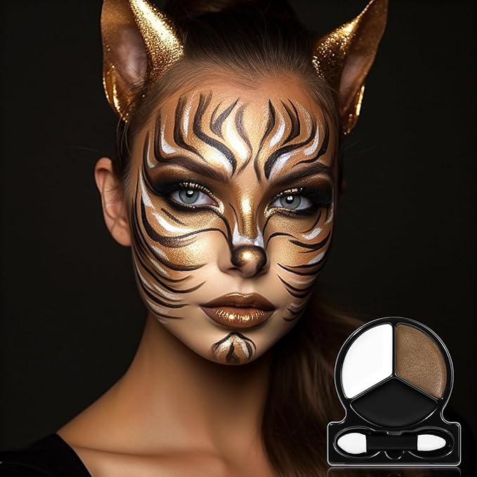 Black White Metallic Brown Face Body Paint with Applicator, Oil Based Face Painting kit for Halloween Leopard, Tiger, Cheetah, Cat Makeup, Cosplay, Costume, Theme Parties, Dress Up