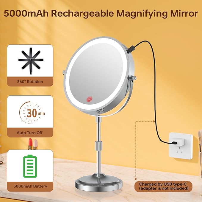 9" Magnifying Mirror with Lights 20X, Height Adjustable, Dimmable, Rechargeable, Chrome