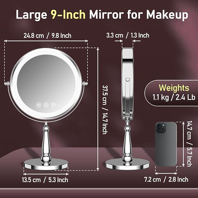 Makeup Mirror with Lights, 20X Magnifying Mirror with Light for Women, 5000 mAh Vanity Mirror with Lights and 3 Colors, 2-Sided Lighted Magnified Mirrors for Delicate Makeup, 9 Inch