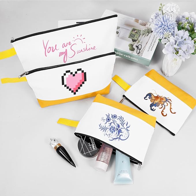 10 Pieces Cotton Canvas Makeup Bag with Bottom and Strap, Multi-Purpose Cosmetic Bag with Zipper Travel Toiletry Pouch, Blank DIY Craft Bag (White&Yellow, M)