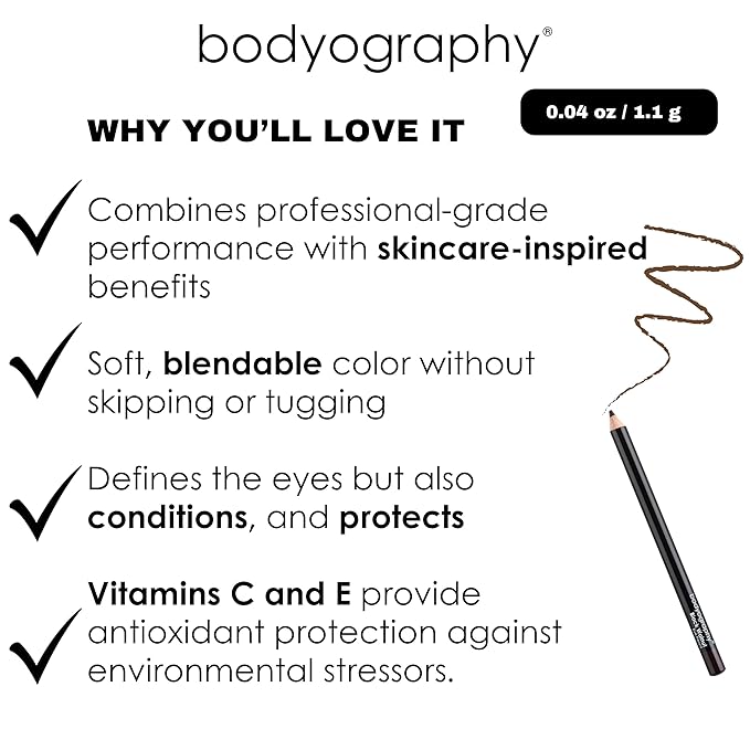 Bodyography Cream Eye Pencil, Black Walnut - Dark Brown Wooden Eyeliner for Eyes & Eyebrows, Long-Lasting Cruelty-Free Coconut Oil Cosmetic Liner