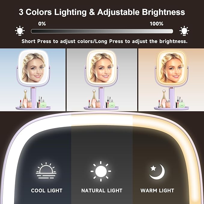 Mocado Makeup Mirror with Lights, 1X/20X Magnifying Mirror with Light, Vanity Mirror with 3 Colors Lights, Height Adjustable Lighted Makeup Mirror, Double Sided 360°Rotation, Memory Function (Purple)