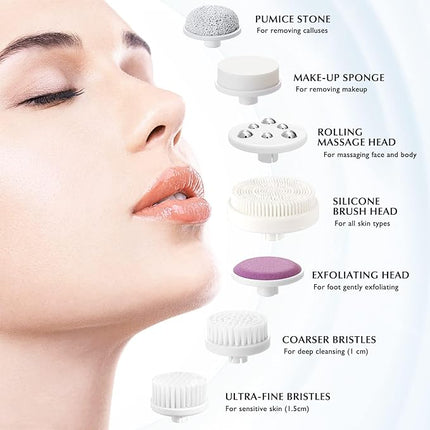 COSLUS Facial Cleansing Brush Silicone Face Scrubber: 7 in 1 FBS-D Electric Exfoliating Rotating Massage Device Waterproof Deep Cleaning Exfoliation Spa Machine - Electronic Skin Care Wash System