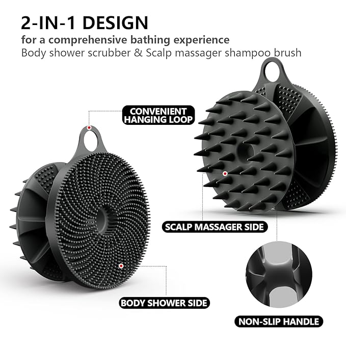 2 in 1 Silicone Brush, BEAUTAIL Body Shower Scrubber and Scalp Hair Massager Shampoo Brush, Deeply Cleanse Skin, Dandruff Removal and Hair Growth, Gentle for Women Men Sensitive Skin, 1 Pack (Black)