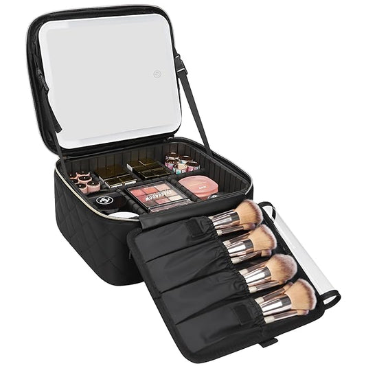Relavel Travel Makeup Bag With Light Up Mirror, Cosmetic Train Case with LED Mirror, Professional Makeup Case for Makeup Artist, Waterproof Makeup Brush Holder Organizer Storage, Rhombus Black