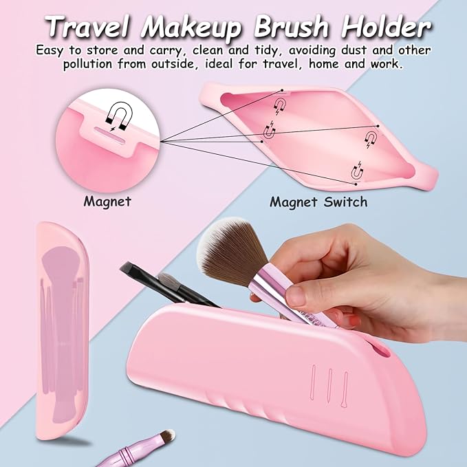 4 in 1 Makeup Brush Set, Travel Makeup Brushes with Case, Foundation Brush/Blush Brush, Eyeshadow Powder Brush,Concealer Brush (pink-silicon brush holder)