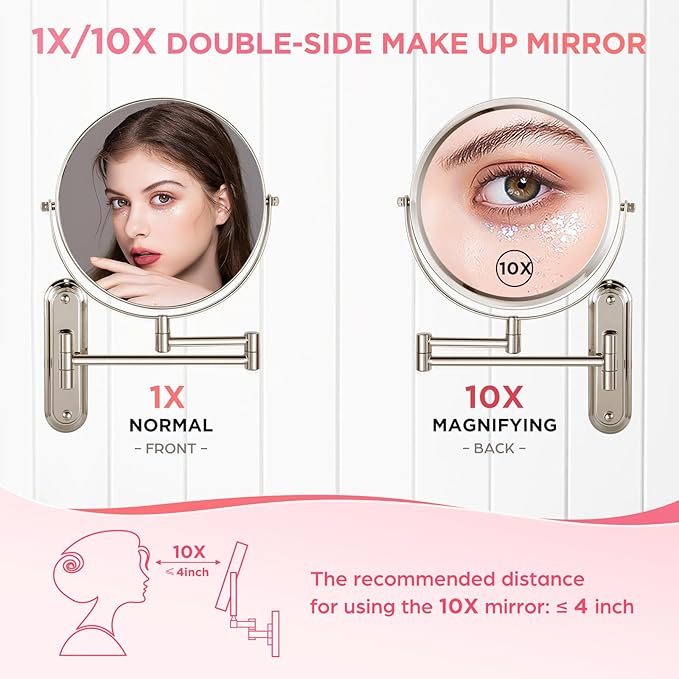 Wall Mounted Makeup Mirror, 10x Magnifying Mirror for Wall,8.5 Inch Makeup Mirror with 3 Color Double Sided 360° Swivel Extendable Bathroom Mirror, Shaving Mirror, Brushed Nickel-No Lights