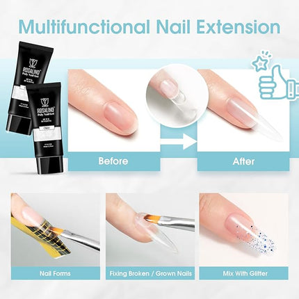 ROSALIND Clear Acrylic Poly Nail Gel 2.7 oz Poly Extension Gel for Nail Art Decoration, Nail Thickening Extension Builder Clear Gel Easy to DIY Use at Home Need UV Lamp