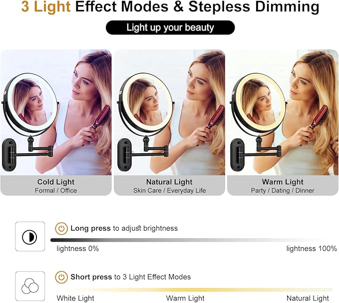9" Wall Mounted Lighted Makeup Mirror,4000mAh Rechargeable Double Sided 1X/10X Magnifying Mirror with Light,3 Color Lights,Touch Dimmable,Extended Arm 360 Rotation Wall Mounted Makeup Mirror