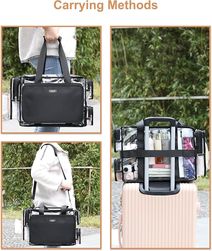 Relavel Extra Large Makeup Case and Clear Makeup Bag, Travel Cosmetic Train Case Professional Makeup Artist Bag with Adjustable Dividers and Shoulder Strap, Portable Nail Organizer Box (Black)
