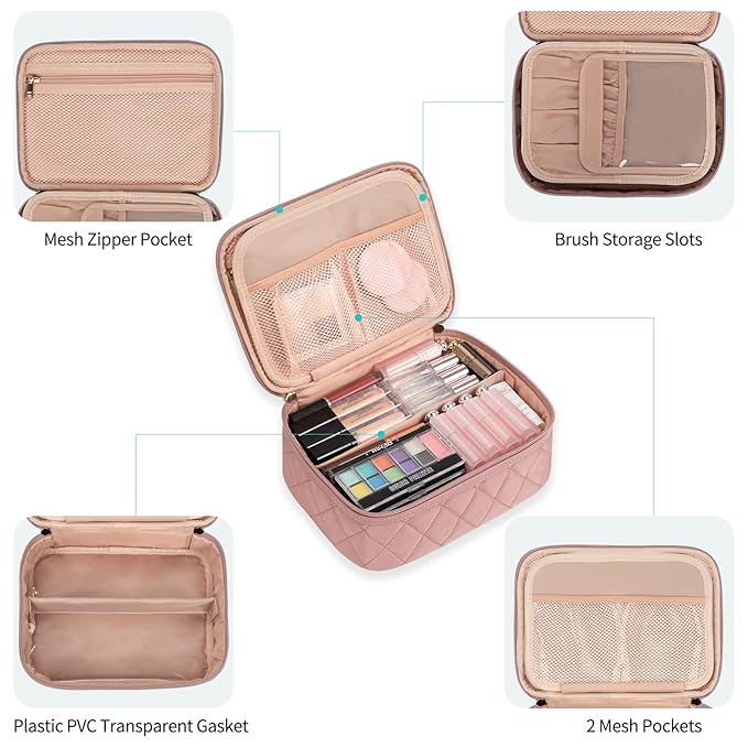 OCHEAL Makeup Bag, Cute Makeup Organizer Bag Make up Bag for Toiletry Cosmetics Accessories with Divider and Brushes Compartments, Makeup Travel Case Cosmetic Bags Women Girls -Nude Pink