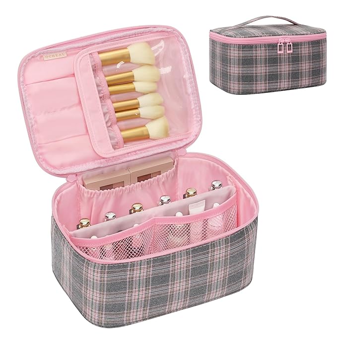 OCHEAL Makeup Bag for Women - Travel Cosmetic Organizer with Brush Slot & Divider, Large Capacity Toiletry Bag for Girls, Travel Makeup Case for everyday Make up Accessories -Pink Plaid