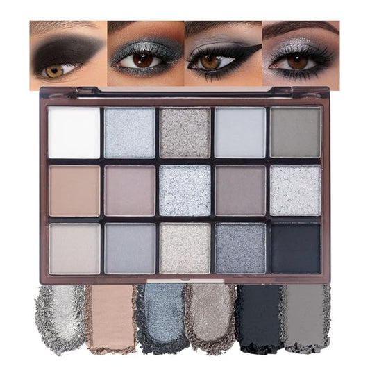 Smokey Black Eye Shadow Makeup Palette,15 Colors Gray Silver Dark Shimmer Matte Makeup Pallet,Long Lasting Waterproof Blendable for Daily and Halloween,Vegan,Cruelty -free