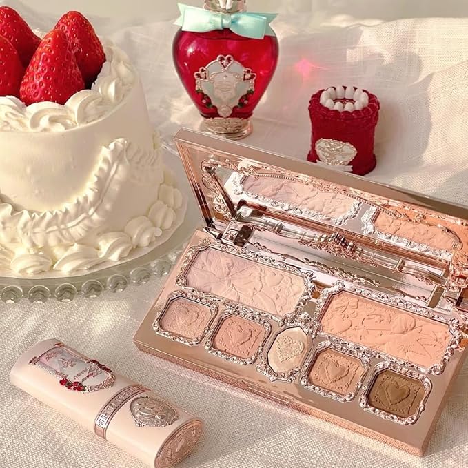 Flower Knows Strawberry Cupid Makeup Palette,Eyeshadow,Blush,Highlighting & Contour All-in-One Face Makeup Palette with 5 Matte+2 Shimmer Neutral Shades(01 Honey Canele,0.49 Oz)