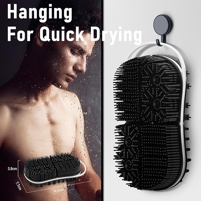 Silicone Body Scrubber Shower Bath Exfoliator 2 in 1 Scalp Massage Mens Body Wash with No-Slip Handle Lather Deep Clean Bathing Upgrade Long Lasting Bristles Loofah All Skin 1 Pack Black