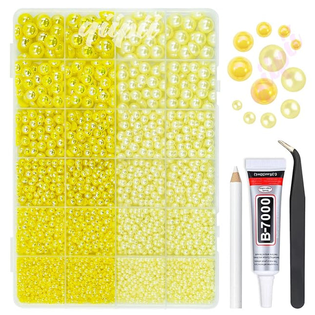 qiipii 2 Styles Lemon Yellow Flatback Pearls for Bedazzling Crafting 3mm-10mm Half Round Pearls Beads Gems Bedazzler Kit Charms for Nails Face Eyes Makeup Tumblers Bottles DIY Crafts Shoes Beauty Deco