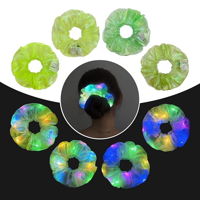 4Pcs Light Up Scrunchies Halloween Hair Tie, St Patricks Day Green LED Scrunchy Hair Elastic for Women & Girls, Glow in the Dark Party Supplies Party Favor Festival Rave Accessories