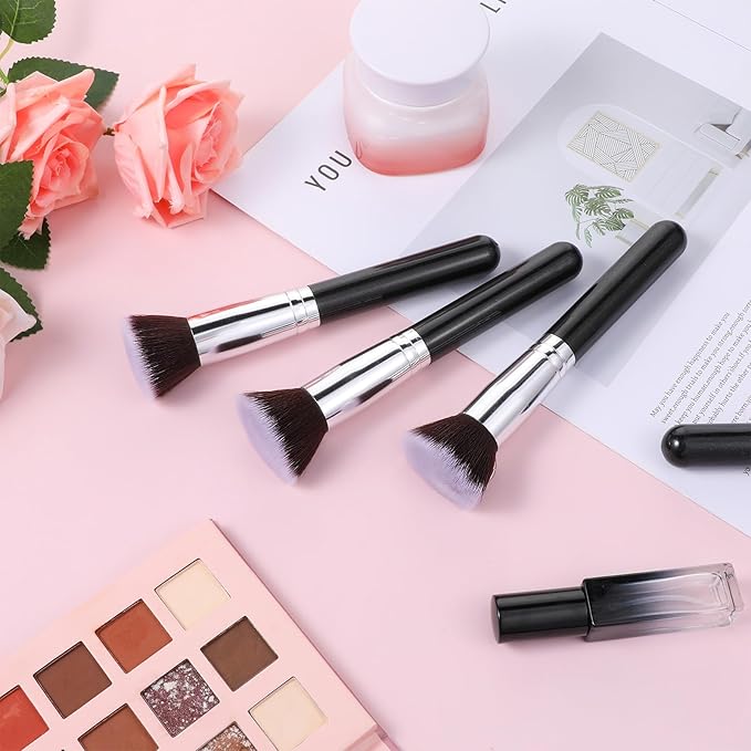15 Pcs Kabuki Foundation Brush, Flat Top Makeup Brushes Blush Concealer Brushes for Liquid Cream Eyeshadow Applicator Blending Buffing Makeup Tools (Black)