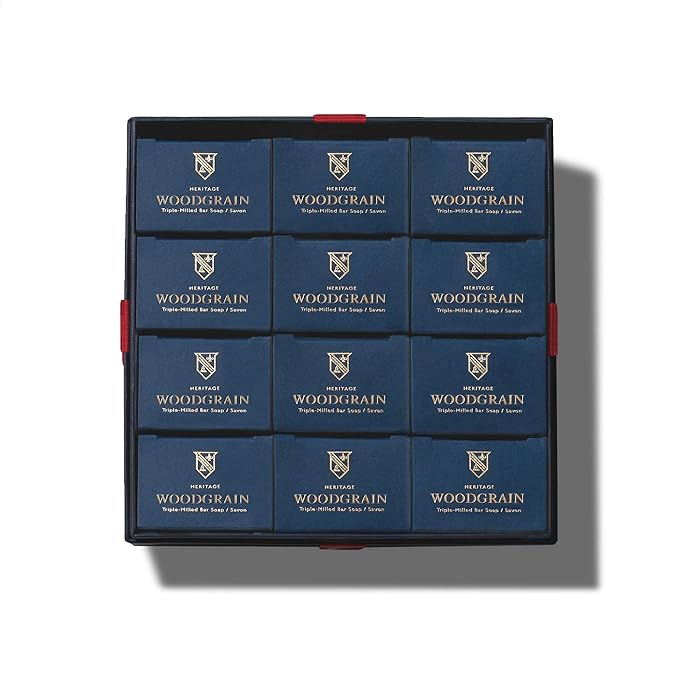 Caswell-Massey Woodgrain Sandalwood Natural Bar Soap Gift Set - Moisturizing Triple-Milled Body Soap for Men - Plant-Based with Essential Oils for Soft Skin, Cruelty-Free, USA Made, 12 Bars x 5.8 oz