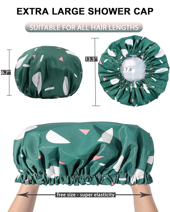 YIZIJIZI Shower Cap,Shower Caps for Women Reusable Waterproof,Two Layer Large Shower Caps Reusable Suitable for All Types of Straight Hair, Curly Hair, Long Hair,Braids (green)