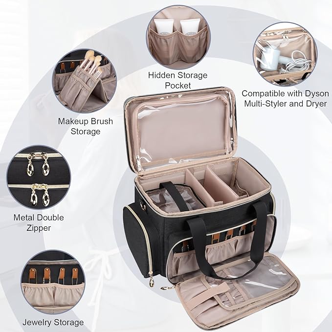 Large Makeup Bag, Portable Travel Makeup Bag Organizer for Women Girls with 2 Removable Pouches & Detachable Dividers, Cosmetic Travel Bag, Toiletry Bag for Makeup and Hair Supplies Black