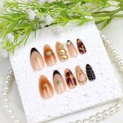 French Tips Press on Nails Medium Almond Fake Nails with Chrome 3D Star Gold Pearl Designs Brown Gradient Nude Glossy Acrylic Nail Fall Winter Stick on Nail for Women 24 Pcs