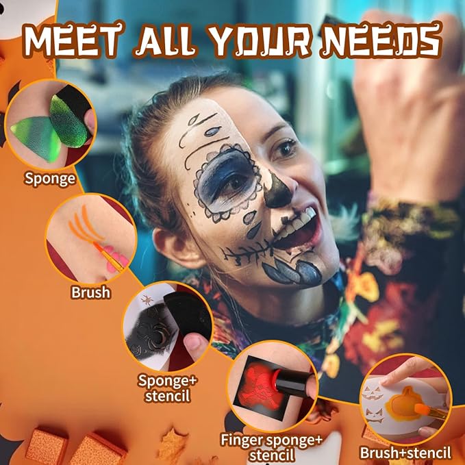 63 pcs Halloween Face Painting Stencils Kit, 38 pcs Reusable Face Body Paint Stencils Templates, 10 Brushes, 13 pcs Sponges, 2 Black Gems for Halloween Makeup Depvision Face Paint Accessory Kit